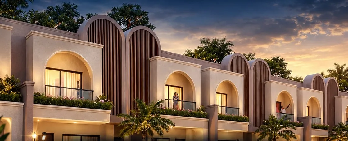 Villa street at dusk — Blossom Villa, Dandi Road, Surat