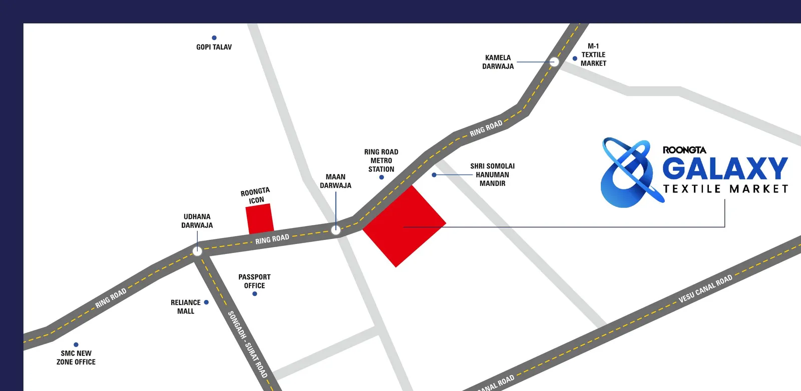 Location map — Roongta Galaxy Textile Market, Maan Darwaja, Surat
